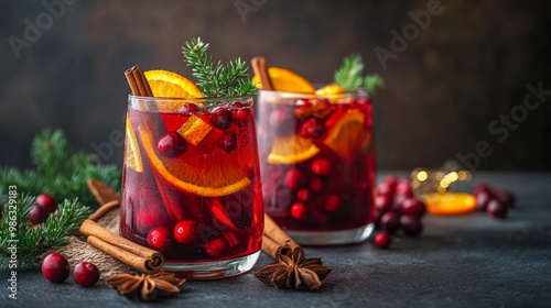 Festive holiday drinks featuring cranberries and oranges on a rustic wooden t...