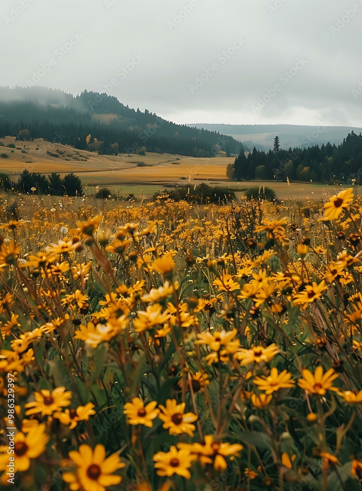 Fototapeta premium Yellow Wildflowers Meadow in Front of Mountain Landscape