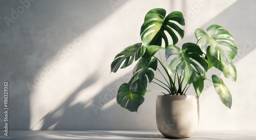 A lush monstera plant basking in sunlight in a minimalist indoor setting