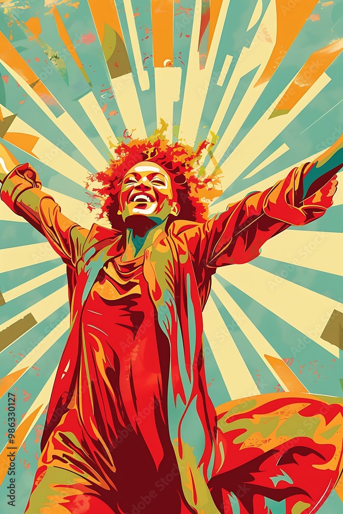 Fototapeta premium Happy Woman in Red Jacket with a Retro Illustration Style