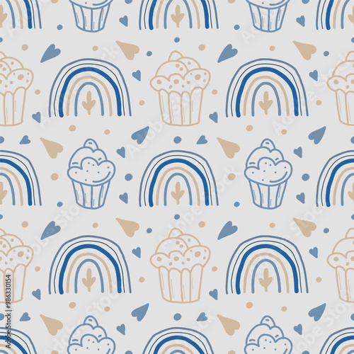 Cute, stylish seamless pattern with hand-drawn rainbows. Children's textiles.