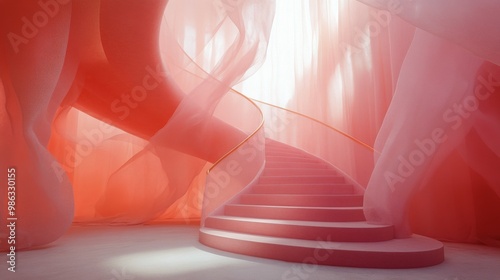 Serene spiral staircase in a softly lit pink interior with flowing fabric drapes