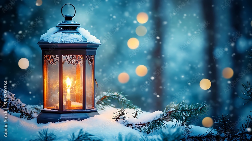 A glowing lantern surrounded by snow and pine branches, creating a cozy winter atmosphere. A glowing lantern surrounded by snow and pine branches, creating a cozy winter atmosphere.