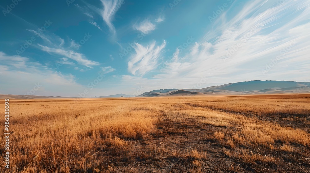 Golden Grass Field Landscape Under Blue Sky with Clouds Golden Grass Field Landscape Under Blue Sky with Clouds