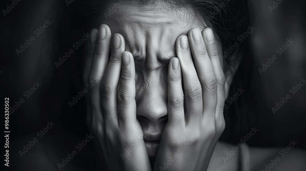 Emotional moment of a woman covering her face in despair Emotional moment of a woman covering her face in despair