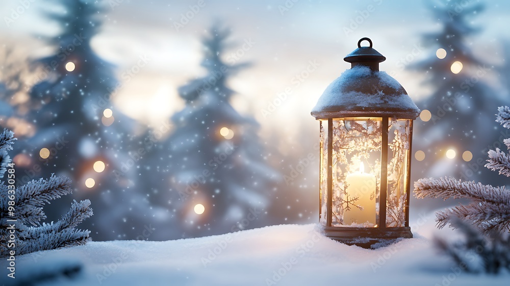 A serene winter scene featuring a lantern glowing in the snow, surrounded by evergreen trees and soft snowfall. A serene winter scene featuring a lantern glowing in the snow, surrounded by evergreen trees and soft snowfall.