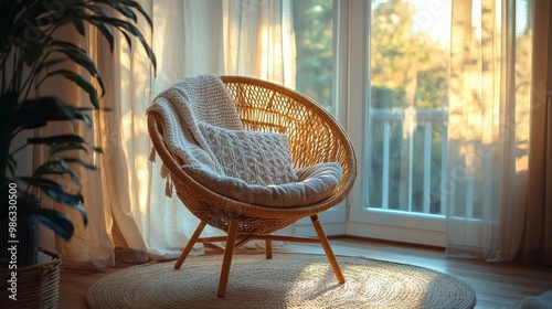Sunlit indoor space featuring a rattan chair and a lush plant against a light...