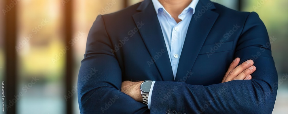 Business leader standing with arms folded, confident in their strategic vision for corporate success leadership strength, business strategy Business leader standing with arms folded, confident in their strategic vision for corporate success leadership strength, business strategy