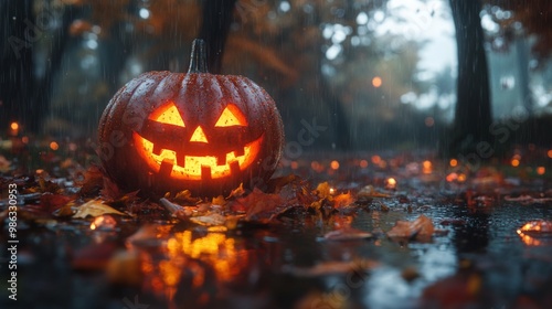 Glowing jack-o'-lantern in the woods on a rainy Halloween night
