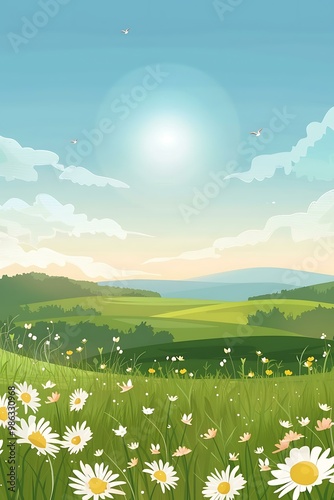 Summer Landscape with Green Grass and White Flowers