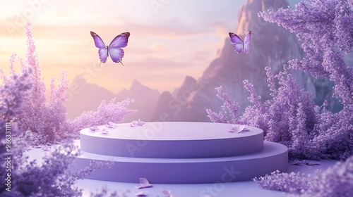 Fototapeta Naklejka Na Ścianę i Meble -  A serene landscape featuring floating butterflies amid purple flora, set against a mystical backdrop of mountains and soft light.