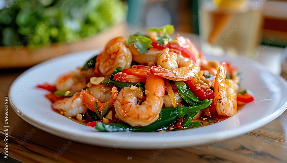 Stir-fried Shrimp with basil and peanuts. Thai food Stir-fried Shrimp with basil and peanuts. Thai food