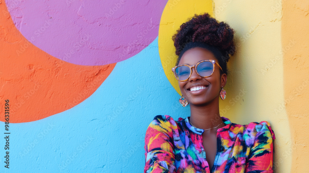 Fototapeta premium Smiling Woman in Vibrant Patterned Outfit