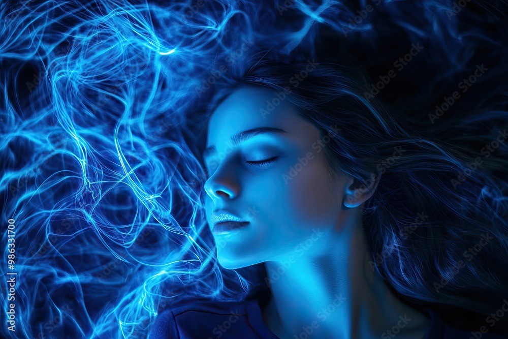 Woman with glowing brain lies peacefully with closed eyes, surrounded by electric blue energy and Sleep. AI generated image