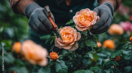 Gardener pruning roses in a lush garden during golden hour in springtime