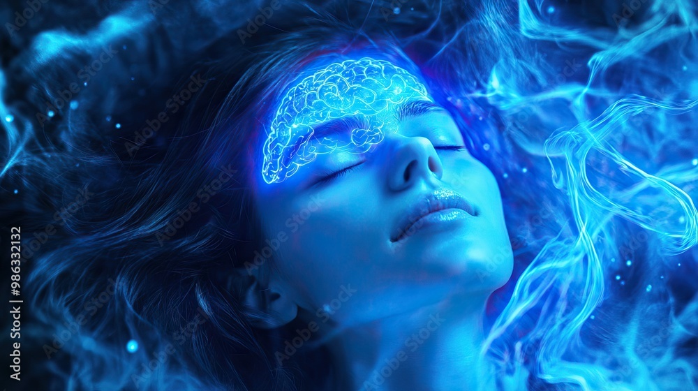 Fototapeta premium Woman with glowing brain lies peacefully with closed eyes, surrounded by electric blue energy and Sleep. AI generated image