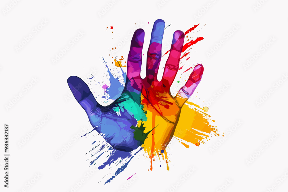 Hand print illustration with colorful splash of paint over white background Hand print illustration with colorful splash of paint over white background