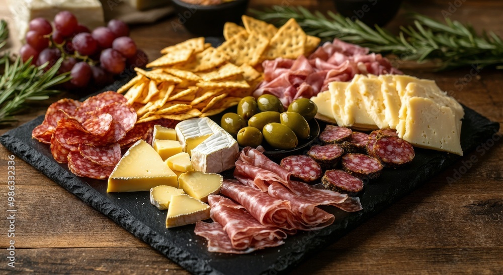 A colorful charcuterie board featuring various meats and cheeses displayed on a rustic wooden table A colorful charcuterie board featuring various meats and cheeses displayed on a rustic wooden table