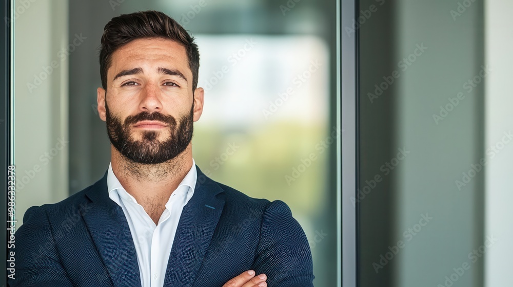 Businessperson standing in front of a glass conference room door, confidently looking into the camera   corporate power, professional presence