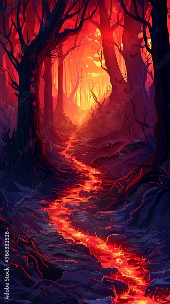 Fototapeta premium Lava River Through Red Forest