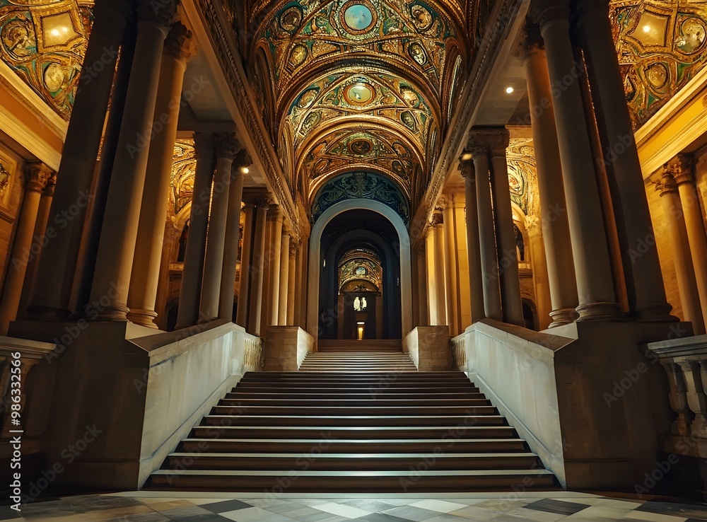 Obraz premium Grand Staircase in a Historic Building with Ornate Columns and Ceiling