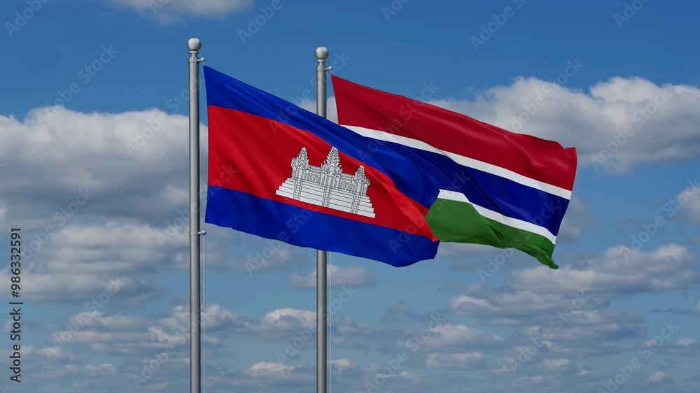 Gambia and Cambodia flags flying together, video concept of the relationship, two country relations concept Gambia and Cambodia flags flying together, video concept of the relationship, two country relations concept