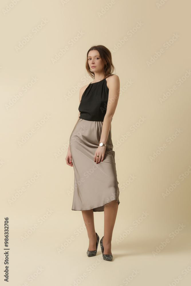 Female model wearing black shirt and midi silk skirt. Fashion studio shot. Female model wearing black shirt and midi silk skirt. Fashion studio shot.
