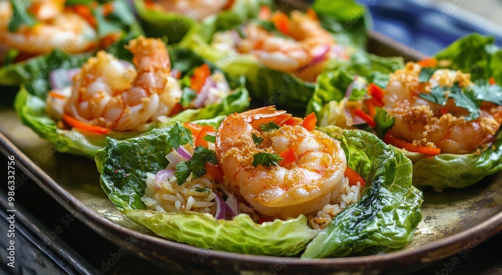 Grilled shrimp with fresh vegetables served in crisp lettuce cups at a cozy gathering