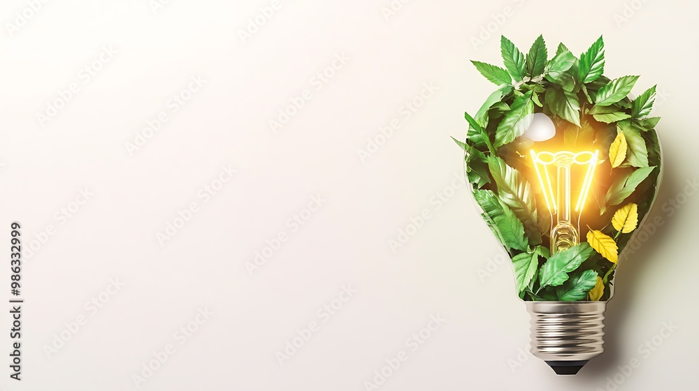 Light Bulb Filled with Green Leaves and a Glowing Filament Light Bulb Filled with Green Leaves and a Glowing Filament