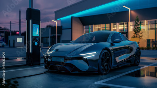 Electric vehicle is connected to a charging station in a contemporary setting at dusk. The sleek design of the car and glowing lights highlight the shift toward eco-friendly transport solutions