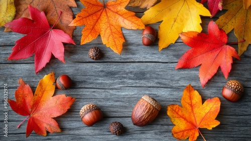 Autumn leaves and acorns arranged beautifully on dark wooden surface during f...