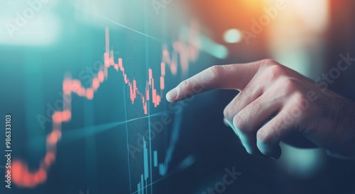 Analyzing stock market trends with a hand pointing at financial data on scree...
