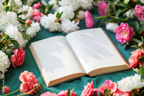 Blank book mockup lies open, nestled among an array of colorful peonies and flowers on a rich green surface, illuminated by gentle, natural light