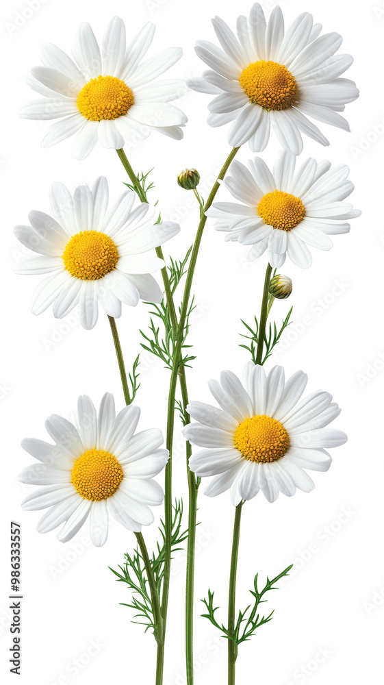 Fototapeta premium A vibrant cluster of white daisies with yellow centers on green stems, isolated on a white background. Perfect for floral and botanical themes.