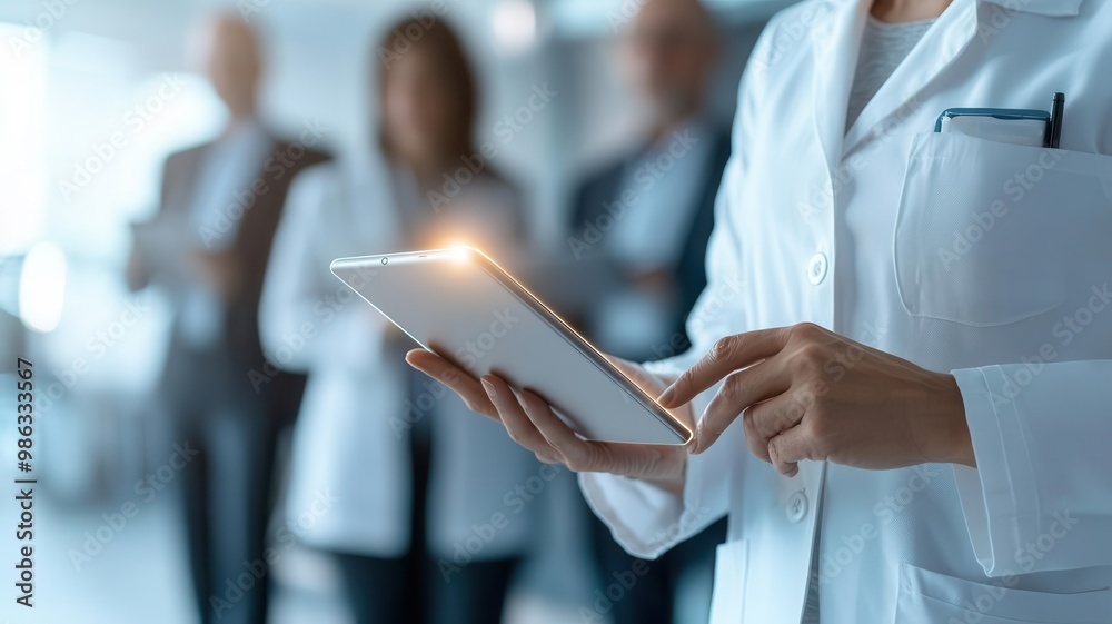 CEO holding a glowing digital tablet, discussing the future vision for the company with a team of executives   business innovation, visionary leadership