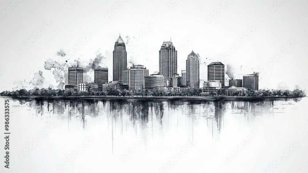 Obraz premium Louisville, Kentucky, black and white pen pencil hand-drawn effect drawing illustration for travel poster, card, wallpaper, backdrop or banner. Modern, clear, artistic and simple
