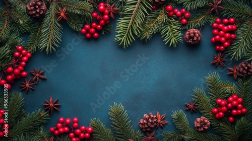 Festive arrangement of pine branches, red berries, and pine cones on a blue s...