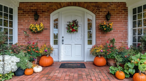 Autumn porch decorated with colorful leaves, pumpkins, and a wreath for the f...