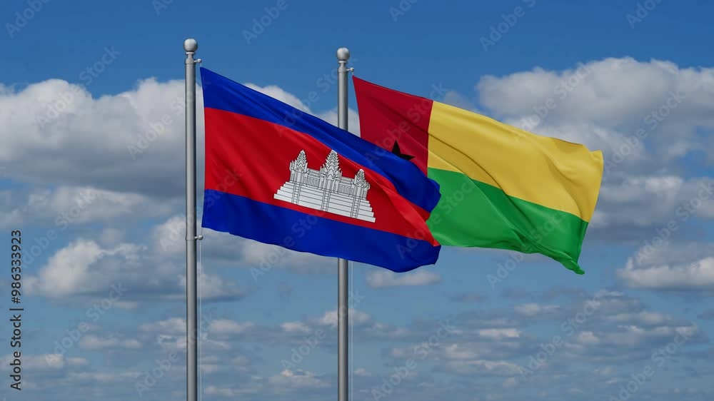 Guinea-Bissau and Cambodia flags flying together, video concept of the relationship, two country relations concept Guinea-Bissau and Cambodia flags flying together, video concept of the relationship, two country relations concept