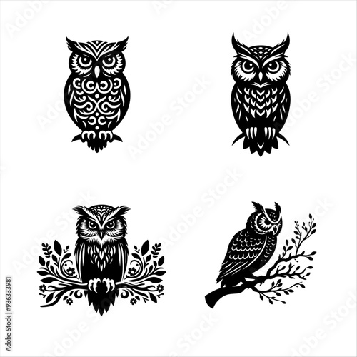 Flat vector illustration of an owl perched on a branch with neutral background