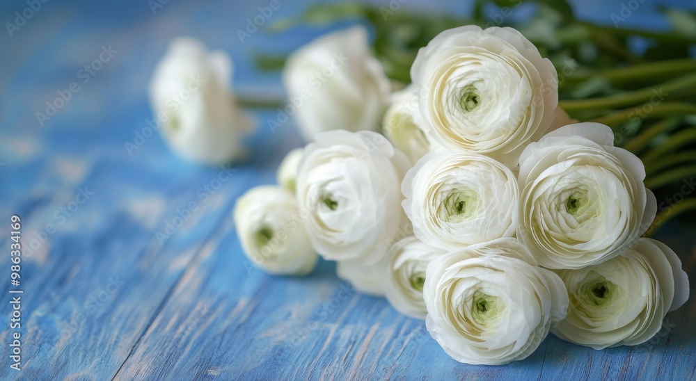 Delicate white ranunculus flowers arranged on a light blue wooden surface in a soft natural light