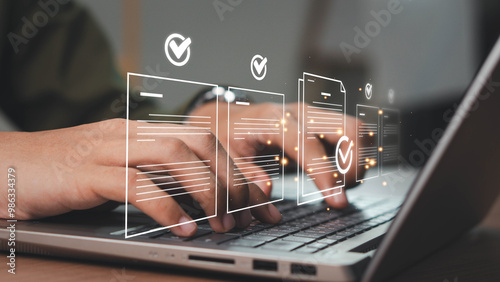  Businessman Using Tablet and Laptop to Work on Digital Electronic Document. Smart Document Audit Checklist, Standardization, Certification Management, Document Approval, Digital form.