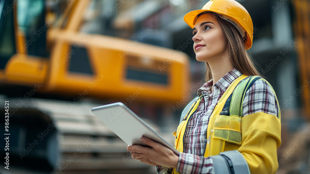 Young construction worker using a tablet on a busy construction site during daytime hours Young construction worker using a tablet on a busy construction site during daytime hours