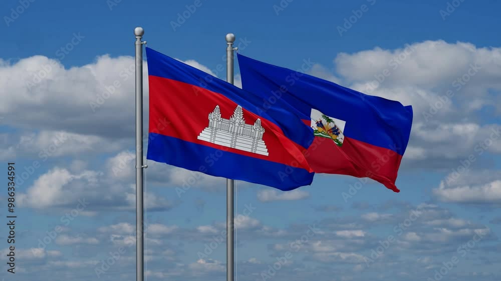 Haiti and Cambodia flags flying together, video concept of the relationship, two country relations concept