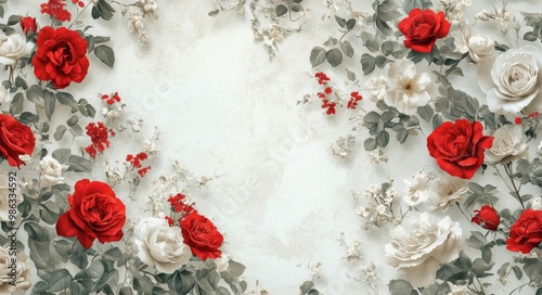 Beautifully crafted white and red roses on a textured wall featuring intricate details and designs
