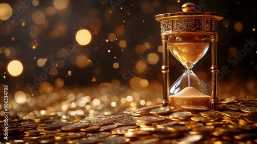 Golden hourglass surrounded by glimmering coins on a sparkling background at ...
