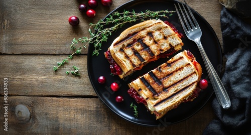 Grilled sandwich with herbs and cranberries on a rustic wooden table in natur...