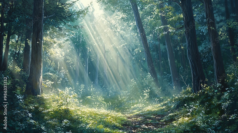 Obraz premium Sunbeams Illuminating a Forest Path