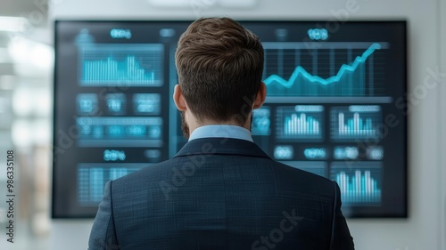 Confident businessman standing in front of a digital screen showing rising sales figures and financial growth corporate growth, financial success