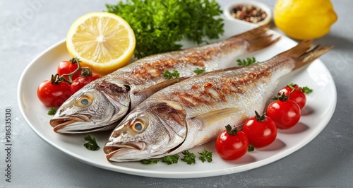 Grilled fish garnished with lemon and fresh vegetables on a white plate at a ...